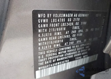 2011 Volkswagen Tiguan S z USA, uszkodzony, nr VIN WVGAV7AX9BW533759